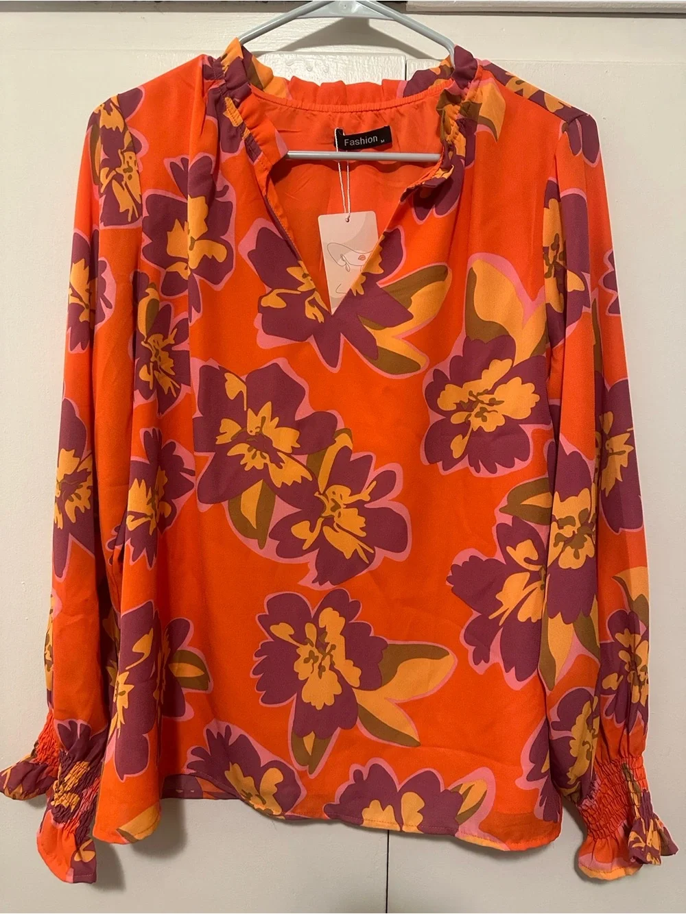 NWT Bright Orange Floral Ruffle-Neck Blouse - Picture 5 of 5
